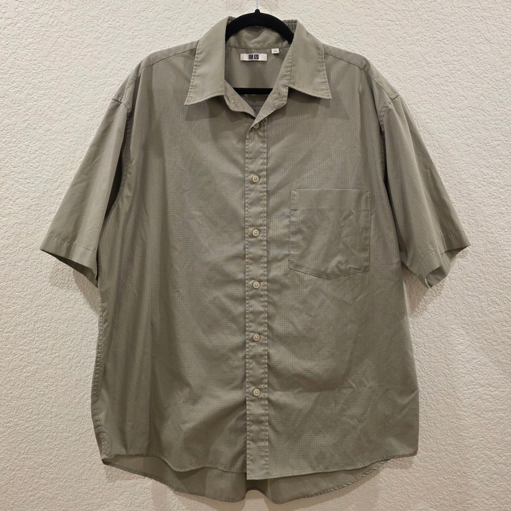 Uniqlo U Mens Large Sage Green Micro Check Short Sleeve Button Up Shirt 467844